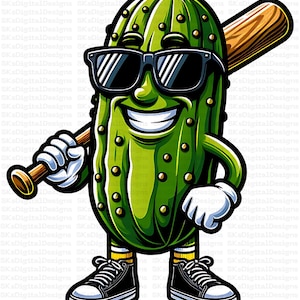 May include: A cartoon illustration of a smiling pickle wearing sunglasses and sneakers, holding a baseball bat. The pickle is green with dark green spots and a white smile. The bat is brown and the shoes are black.