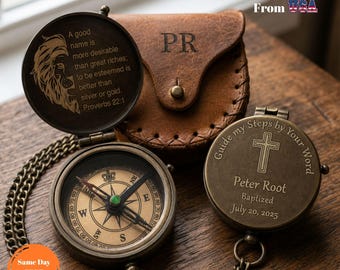 Boussole gravée en cadeau de première communion pour garçon, souvenir chrétien personnalisé