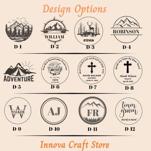May include: A collection of twelve design options for personalized items. The designs include mountain scenes, compasses, a deer, a cross, and text such as "Adventure", "William", and "Team Groom". The designs are in a circular format.