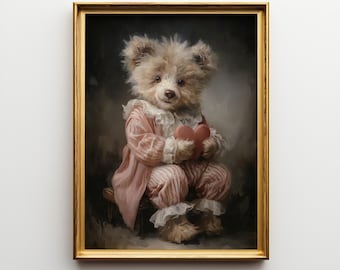 Vintage teddybeer Valentijnskunstdruk – romantische beer met hart, liefdesmuurdecoratie (digitale download)