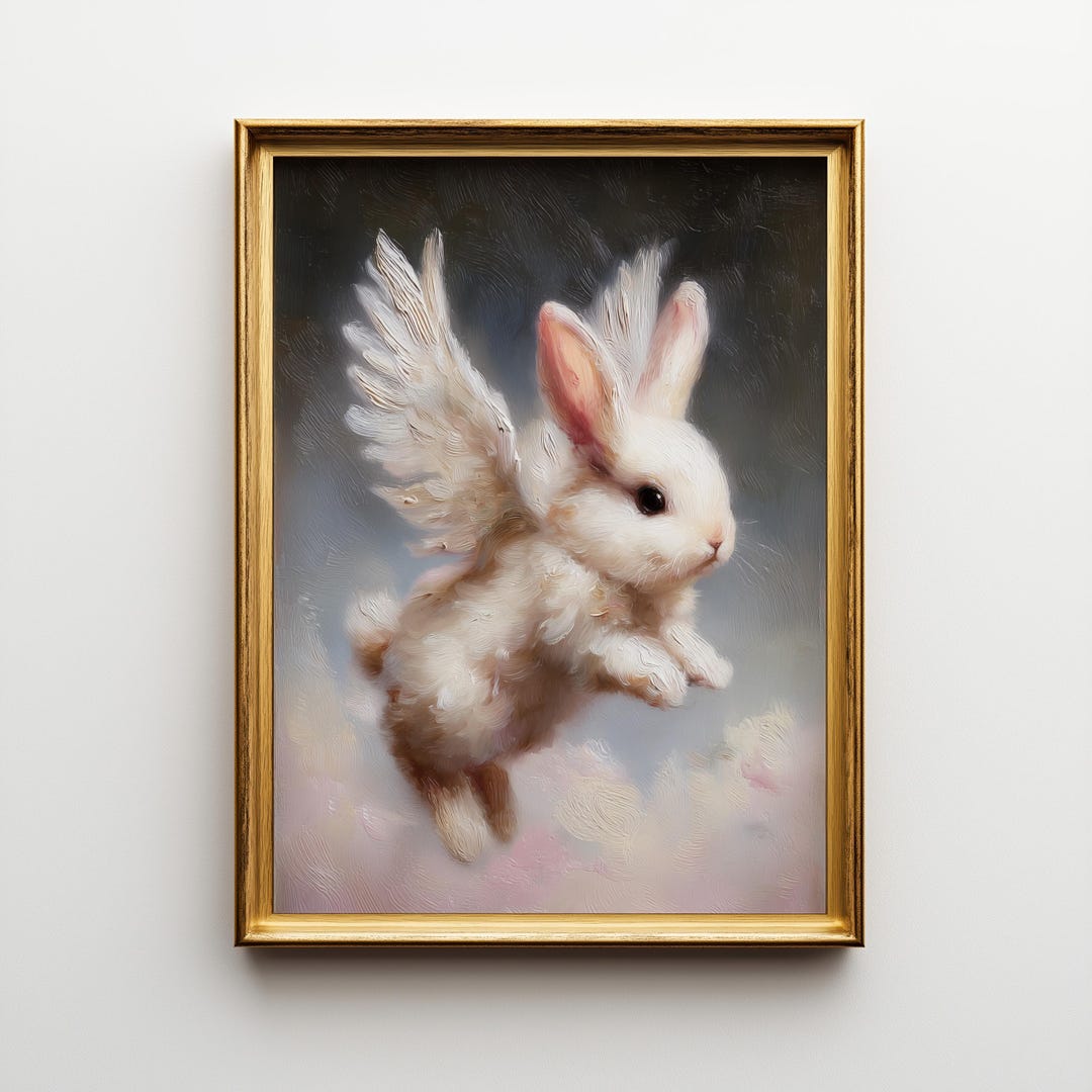 Vintage Bunny Art Print | Winged Rabbit, Whimsical Fantasy Animal ...