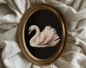 May include: An oval-shaped gold frame containing a print of a white swan with soft pink-tinted feathers. The swan is positioned in the centre against a solid black background, with the bird facing left and its neck curved in a graceful posture.