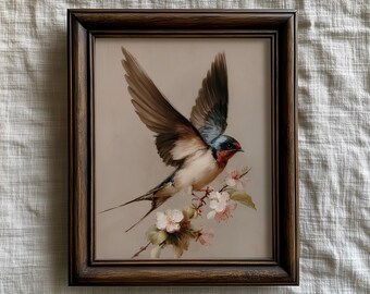 Vintage Swallow Print | Bird and Spring Blossoms, Classic Nature Wall Art (Digital Download)