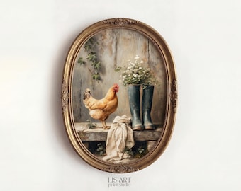 May include: An oval-framed wall art print featuring a golden-brown chicken standing on a wooden bench next to a pair of dark blue rubber boots filled with white flowers and a draped white cloth. The text LIS ART print studio is at the bottom.