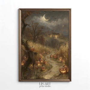 May include: A framed wall art print depicting a dark, atmospheric night scene with a winding path through a field of glowing, carved jack-o'-lanterns. A scarecrow stands near a tree, while a house glows in the distance under a crescent moon.
