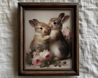 Arte de pared imprimible de conejo vintage, conejos románticos con rosas, impresión floral de conejo (descarga digital)