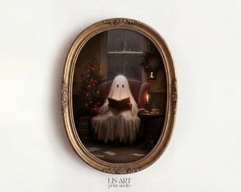 May include: An oval-framed wall art print depicting a white ghost figure sitting in a dark red armchair, reading an open book. The scene includes a decorated Christmas tree, a window with snow, a lit candle, and a small cup on a side table.