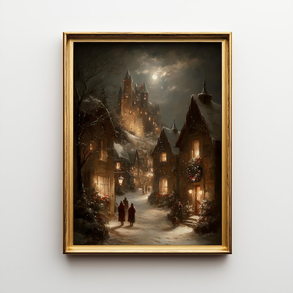 Winter Village Castle Print | Vintage Christmas Oil Painting (Digital Download)