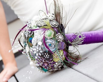 Beautiful Purple Blue & Green Peacock Custom Brooch Bouquet DEPOSIT