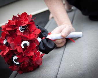 Red Black & White Hydrangea Bridesmaid Button Bouquet