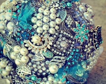 DEPOSIT for Custom Aqua Blue & White Pearl Brooch Bridal Wedding Bouquet