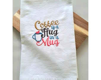 Paño de cocina de tela de saco de harina con temática de café, bordado a máquina, para amantes del café.