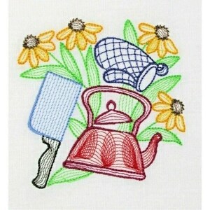 May include: Embroidered kitchen design with a red teapot, blue oven glove, and cleaver. Yellow flowers and green leaves surround the kitchen tools. The design is stitched on a white background.