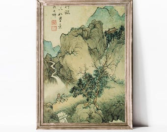 Chinesische Tuschezeichnung einer Berglandschaft | Nebelverhangene Gipfel, Bäume und winzige Gebäude | (Digitaler Download) | a107