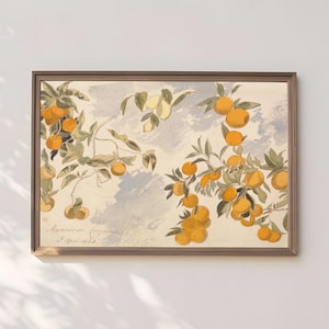 May include: A framed watercolor print featuring a botanical illustration of orange fruit on branches with green leaves. The artwork has a vintage aesthetic, with soft colors and a light blue background. The frame is a warm brown.