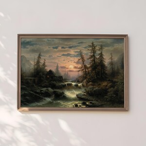 Pine Landscape Art Print | Moonlit Mountain Stream and Dark Green Tones (Digital Download) A183