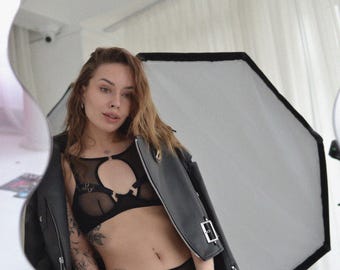 Mesh Strappy Lingerie Set – Black Sheer Bra and Panties, seethrough lingerie, revealing lingerie, seductive lingerie, sheer bra, lingerie