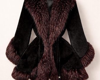Casaco elegante de pele sintética: Jaqueta de inverno luxuosa para mulheres com estilo princesa.
