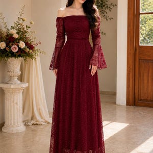 Burgundy Dress With Lace Sleeves - Etsy