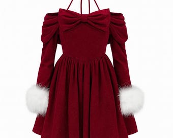 Red Velvet Christmas Mini Dress – Off-Shoulder Holiday Party Dress