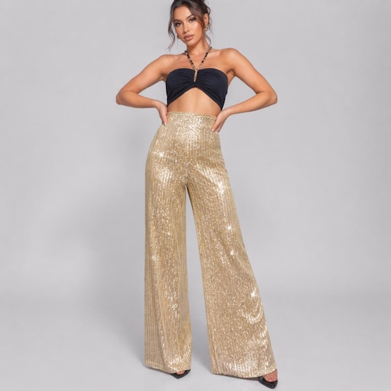 glitter dress pants Silver Sequin Pants: High Waisted Wide Leg Trousers what top to wear with sequin pants