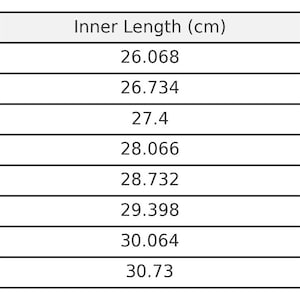 May include: A white table displays a shoe size conversion chart. The chart lists EU shoe sizes from 35 to 42, with corresponding inner lengths in centimeters and wearable foot lengths in centimeters. The chart is designed to help customers find the correct shoe size.