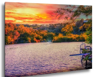 Fotografía de atardecer en la región montañosa de Texas, arte mural de lago, fotografía de paisaje sureño, cielo nocturno vibrante sobre los árboles, decoración de la naturaleza de Texas
