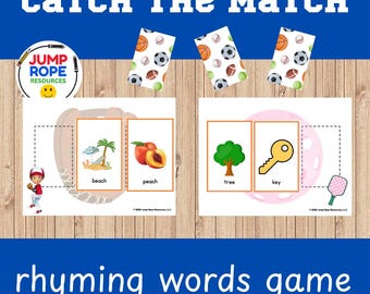 May include: A Catch the Match rhyming words game with two rectangular cards featuring illustrations of a beach, peach, tree, and key. The cards include a baseball glove graphic, a small baseball player, and a pickleball paddle. The text reads Jump Rope Resources.