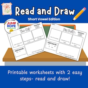 May include: Educational printable worksheets titled "Read and Draw: Short Vowel Edition." The worksheets feature fill-in-the-blank sentences and drawing spaces. The text includes "The Cap" and "Big Bed" themes, with instructions and sight words. The bottom text reads: "Printable worksheets with 2 easy steps- read and draw!"