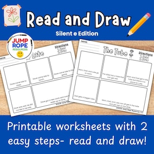 May include: Two educational worksheets titled Read and Draw Silent e Edition featuring text boxes for drawing. One sheet is titled Late and the other The Tube. Each includes a name line, directions to read and draw, and sentences for students to illustrate.