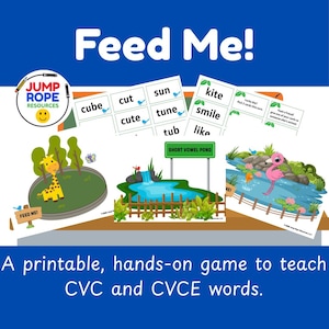 May include: Educational game titled "Feed Me!" featuring illustrated scenes of a giraffe, a pond, and a flamingo. Includes word cards with words like "cube," "cut," and "kite." The game is designed to teach CVC and CVCE words.