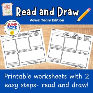 Könnte beinhalten: Zwei ausdruckbare Arbeitsblätter mit dem Titel Read and Draw Vowel Team Edition, die Abschnitte zum Lesen von Texten und zum Zeichnen von Illustrationen enthalten. Die Seiten tragen die Titel Bad Weather und The Train Trip sowie das Branding von Jump Rope Resources.
