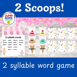 Pode incluir: Jogo educativo de palavras de 2 sílabas com cartões de sorvete. Uma lista de palavras como hotel, cabin e napkin é exibida ao lado de cartões mostrando bolas e cones rotulados como nap, kin, napkin, pic, nic e picnic com padrões de granulado.