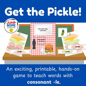 Könnte beinhalten: Ein farbenfrohes Lernspiel mit dem Titel "Get the Pickle!". Es zeigt Abbildungen von Lebensmitteln wie Burger, Gurke und Getränk. Das Spiel enthält Wortkarten und Anweisungen zum Lehren von Konsonanten-le-Wörtern. Der Hintergrund ist blau mit weißem Text.