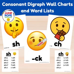 May include: Educational wall charts and word lists featuring consonant digraphs sh, ch, and ck. Each card displays a yellow emoji illustration, such as a face with a finger to its lips, a thermometer, or a chocolate bar, alongside corresponding words.