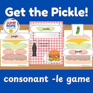 May include: An educational game titled Get the Pickle! featuring three printable sheets with burger illustrations, word labels like jungle, candle, and purple, a soda bottle, a napkin, and a pickle card with a green pickle wearing sunglasses.