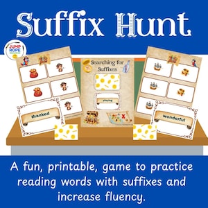Peut inclure: Jeu éducatif imprimable intitulé "Suffix Hunt" avec des illustrations sur le thème des pirates. Le jeu comprend des cartes avec des mots comme "thanked" et "wonderful". Le texte dit : "Un jeu amusant et imprimable pour pratiquer la lecture de mots avec des suffixes et augmenter la fluidité."