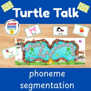 May include: A phoneme segmentation educational game titled Turtle Talk featuring a blue pond game board with gray stepping stones, a start and finish sign, and small cards displaying a pink bow, a sneaker, a peach, and a kite with green dots.