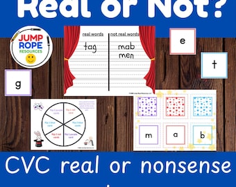 May include: A CVC real or nonsense word game educational set featuring a sorting chart with red curtains, a spinner wheel with rabbit and magician graphics, letter cards, and a Jump Rope Resources logo on a dark wood background.