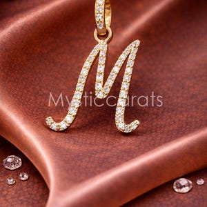 925 Sterling Silver Gold Plated Cursive Initial M Pavé diamond Pendant