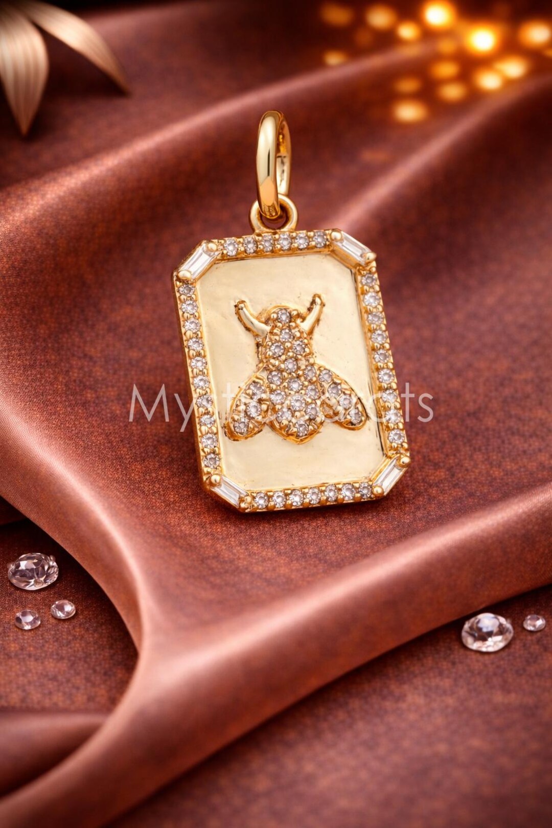 925 Sterling Silver Pave Diamond Bee Rectangular Medallion Pendant - Etsy