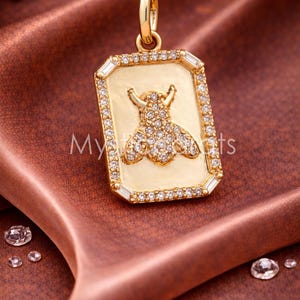 925 Sterling Silver Pave diamond Bee Rectangular Medallion Pendant
