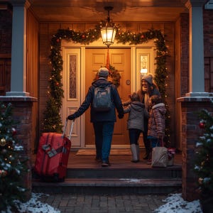 May include: A family arrives at a warmly lit home, decorated for the holidays. A red suitcase is being pulled up the steps. The front door is adorned with a wreath and garland, and a Christmas tree is on the porch. The scene evokes a sense of homecoming.