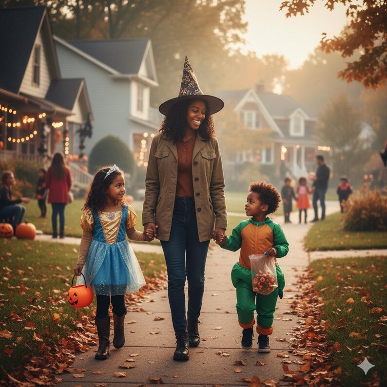 May include: A woman and two children dressed in Halloween costumes walk down a sidewalk. The woman wears a witch hat and jacket. One child is in a princess dress, the other in a green costume. They are trick-or-treating in a neighborhood.