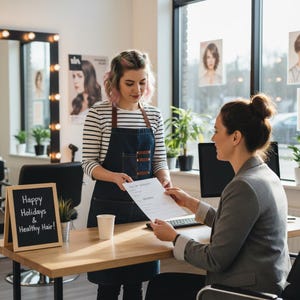 May include: A hair salon scene with a stylist handing a document to a client. The stylist wears a striped shirt and denim apron. A chalkboard sign reads "Happy Holidays & Healthy Hair!" A cup and potted plants are on the wooden desk.
