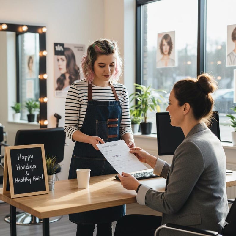 May include: A hair salon scene with a stylist handing a document to a client. The stylist wears a striped shirt and denim apron. A chalkboard sign reads "Happy Holidays & Healthy Hair!" A cup and potted plants are on the wooden desk.
