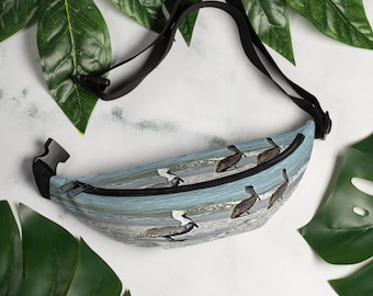 Pelican Beach Scene Fanny Pack: Water-Resistant Waist Bag for Travel