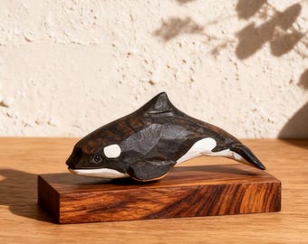 Hand Carved Wooden Orca Figurine, Killer Whale Desk Decor, Hand Painted Marine Animal Statue, Ocean Lover Gift, Handmade Gift