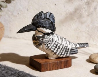 Hand Carved Wooden Bird Figurine, Kingfisher Style Bird Decor, Rustic Nature Shelf Ornament, Painted Wood Bird Statue, Bird Lover Gift