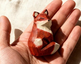 Handmade Fox Wood Carving, Wooden Fox Figurine, Rustic Woodland Animal Decor, Collectible Miniature Sculpture, Gift for Fox Lover
